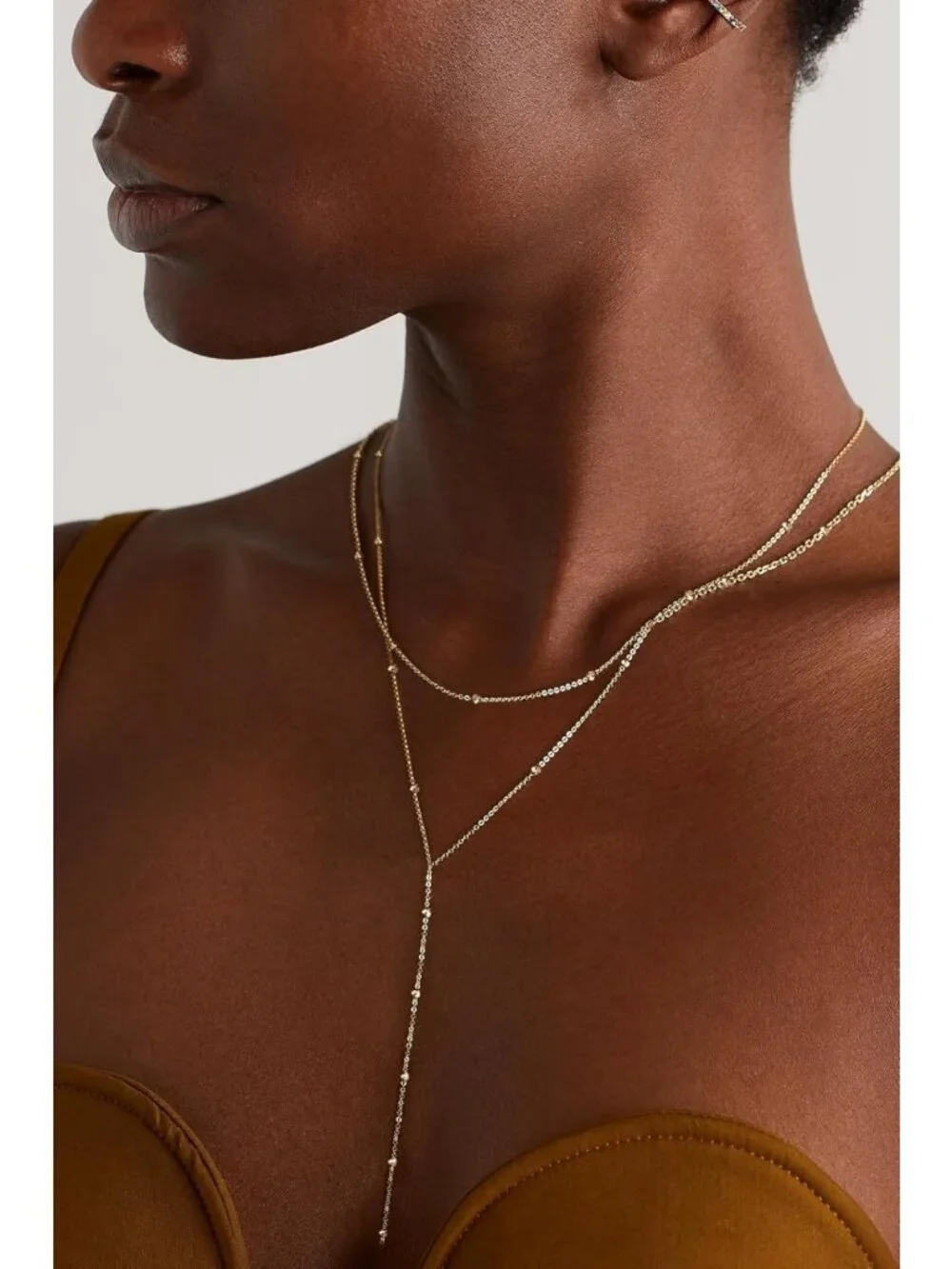 Dainty Gold Lariat Necklace for Women, Y-Shaped Pendant, Layered CZ Beaded Chain